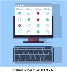 Concepto de icono de gráfico de comparación con computadora, análisis de rendimiento empresarial, concepto de auditoría de métricas de benchmark. Analizando datos, informes en la pantalla del ordenador. Ilustración vectorial plana aislada en el fondo