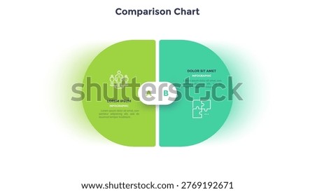 Comparison chart infographic with two segment options. Business presentation template with round shapes for text and logic connection. Vector illustration design element for data analysis concept.