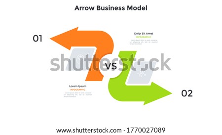 Comparison chart with two arrows pointing in opposite directions. Concept of business model with 2 options to compare. Modern infographic design template. Simple flat vector illustration for banner.