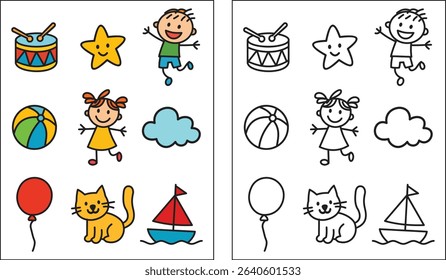 Comparison of colored and black and white drawings of children's toys and figures on white paper