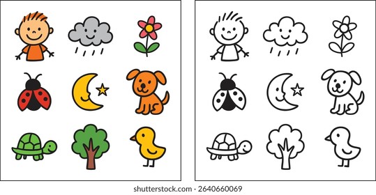 A comparison of colored and black and white drawings of cartoon animals and objects on white paper