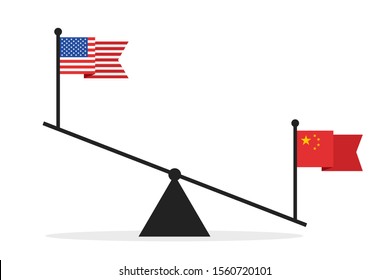 Comparison and competition between United States of America (USA) and China - country and state are compared on seesaw. Vector illustration on white