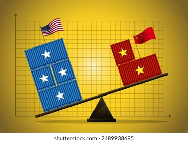 Comparison and competition between United States of America (USA) and China - country and state are compared on seesaw