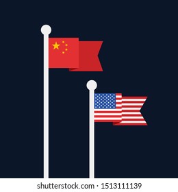 Comparison and competition between USA and China - Chinese flag is superior winning winner to inferior and losing American flag. Vector illustration.