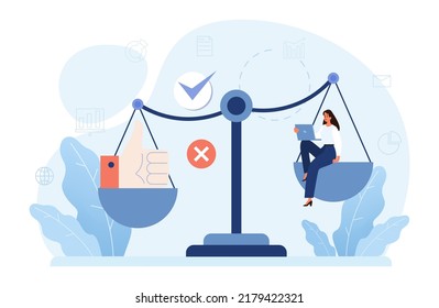 Comparison concept. Pros and cons with two choices. Risk and benefits analysis. Difficult decision-making. Two options dilemma. Flat vector illustration