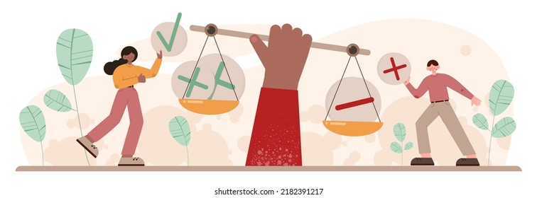 Comparison concept. Pros and cons with two choices. Risk and benefits analysis. Difficult decision-making. Two options dilemma. Flat vector illustration