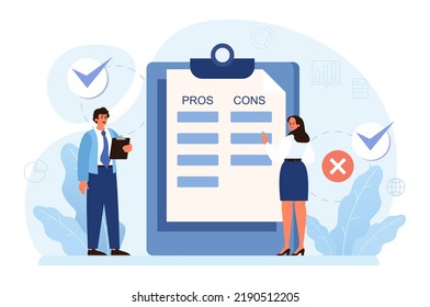 Comparison concept. Pros and cons with two choices. Risk and benefits analysis. Difficult decision-making. Two options dilemma. Flat vector illustration