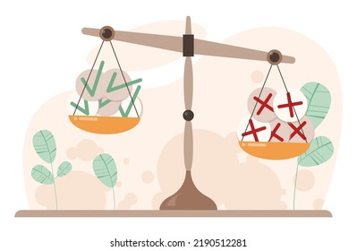 Concepto de comparación. Pros y contras con dos opciones. Análisis de riesgos y beneficios. Difícil toma de decisiones. Dos opciones dilema. Ilustración vectorial plana