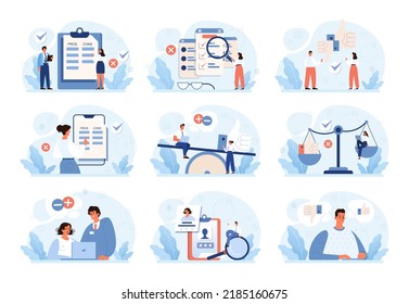 Comparison concept set. Pros and cons with two choices. Risk and benefits analysis. Difficult decision-making. Two options dilemma. Flat vector illustration