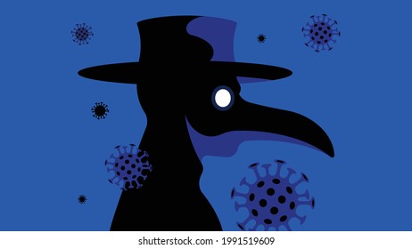 Comparison of coronavirus and plague. The Plague doctor, theater character in vintage mask. Symbol of coronavirus in the air. Concert of epidemics, diseases and treatment.  svg