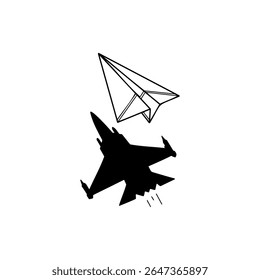 Comparison of creativity and technology with a paper plane and a jet fighter in flight
