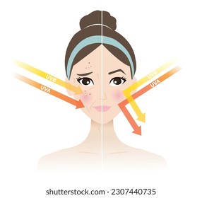 Comparison of damaged skin from UVA and UVB rays and healthy skin prevent sun damaged on woman face vector illustration on white background. Aging, wrinkling, sun damage and burning from sun exposure.