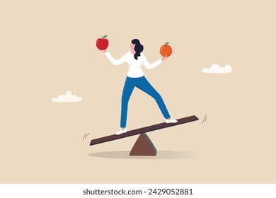 Comparison, decision to choose alternative choices, doubt or thoughtful compare good and bad things for best result, options concept, business woman compare orange and apple while balance on seesaw.