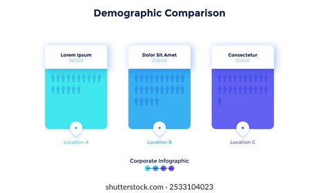 Comparison diagram with 3 cards and human figures. Concept of population number or amount of people visualization. Modern infographic design template. Vector illustration for demographic statistics.