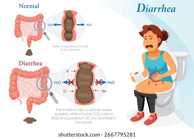 Diagrama de comparación que muestra la digestión normal frente a los síntomas de diarrea con una ilustración de una mujer sentada en un inodoro experimentando molestias y urgencia