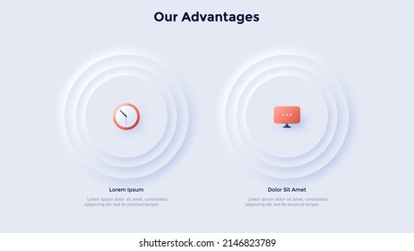 Comparison diagram with two layered paper white round elements. Concept of choice between 2 advantages of company. Simple infographic design template. Modern flat vector illustration for presentation.