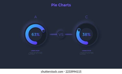 Comparison diagram with two pie charts with percentage indication. Concept of 2 business options to compare. Dark neon infographic design template. Modern vector illustration for presentation, report.