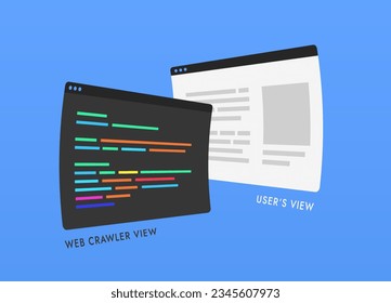 Comparison and difference in how search engine crawler spider bot and user sees web page. Crawler bot scans website as code, ignoring graphic styles and scripts. Isolated on blue background icons