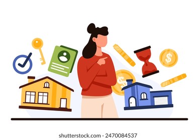 Comparison of different options to buy or rent property, choice of investment in big or small house. Woman thinking about saving money, choose affordable home size cartoon vector illustration