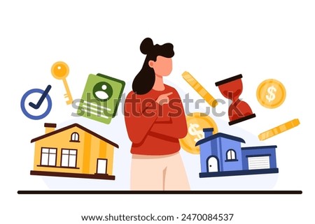 Comparison of different options to buy or rent property, choice of investment in big or small house. Woman thinking about saving money, choose affordable home size cartoon vector illustration