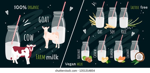 Comparison of different types of milk. Cow and goat milk vs vegan milk: soy, rice, oatmeal, coconut, cashew, hazelnuts, almonds. Lactose free. Farm product. Vector illustration isolated on black.