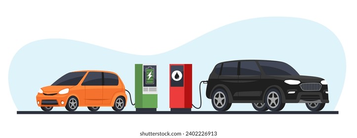 Comparison of electric car with gasoline car. Vehicle charging station. Fossil automobile refueling petrol. Green transport. Automotive technology and eco energy. cartoon flat vector concept