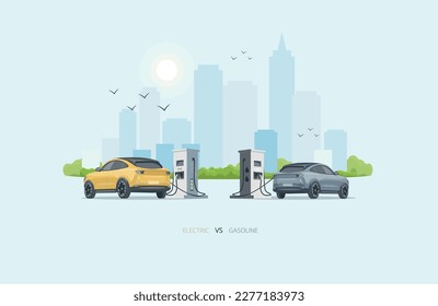 Comparison of an electric and gasoline diesel car. Charging an electric car at a charging stand against a gas station for fossil cars.