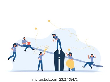 Comparison employee business people vector illustration. Advocate person unbalanced weight. Woman and man on swing outweigh concept idea design. Solution choice value human. Problem banner job team