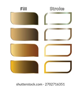 comparação de estilos de preenchimento e traçado usando retângulos arredondados com cores de gradiente de bronze dourado e prata