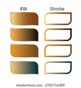 uma comparação de estilos de preenchimento e traçado usando retângulos arredondados com variações de cor dourada e gradiente