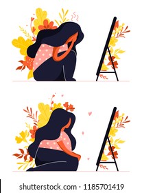 Comparison. Girl who does not like the reflection in the mirror and  girl who loves herself. Body positive illustration with plants in trendy flat style. 