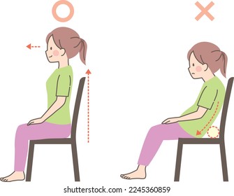 Comparison good   bad posture woman sitting chair