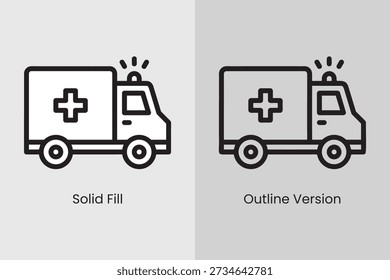 Un gráfico de comparación que muestra dos estilos de un icono de ambulancia: una versión de relleno sólido y una versión de esquema. Ambos iconos presentan un perfil lateral de un vehículo médico de emergencia con una cruz prominente