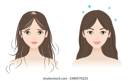 Comparison of hair loss and healthy hair vector illustration isolated on white background. The woman with reduce, decrease, thin, remove, fall hair to alopecia and strong, supple, shiny hair.