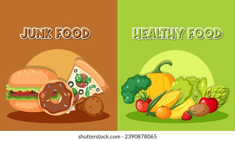 Comparison of Healthy Food vs Unhealthy Junk Food illustration