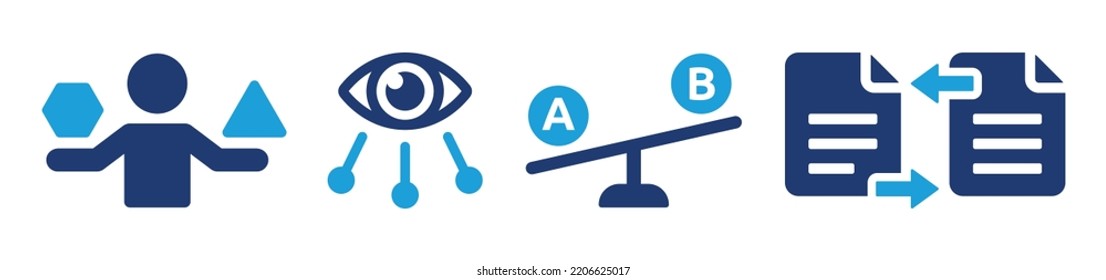 Comparison icon set. Compare different choices, document files, balance scale. Vector illustration.