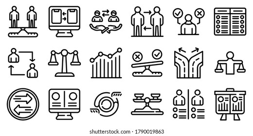 Comparison icons set. Outline set of comparison vector icons for web design isolated on white background