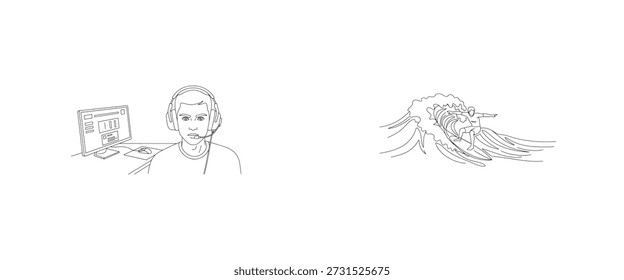 Comparison Illustration of Digital and Physical Flow States Featuring a Professional Esports Gamer at a Desktop Setup and a Surfer Catching a Large Barrel Wave in Minimalist Line Art Style