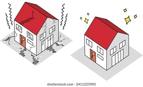 Comparison illustration of a house damaged by an earthquake and an earthquake-resistant house