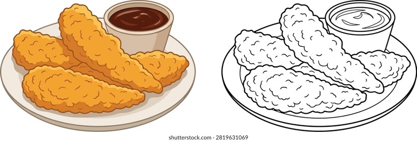 A comparison illustration showing a plate of crispy fried chicken tenders with dipping sauce in both color and black and white line art styles.