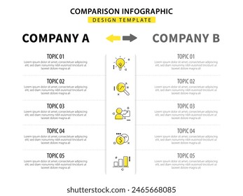 Vergleich Infografik Design Vorlage, Vergleich zwischen Unternehmen und Produkten und Dienstleistungen, Geschäftspräsentationskonzept mit 2 Optionen, To-do-Liste oder Planungssymbol, Vektorillustration.