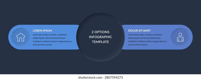 Comparison infographic template featuring a central circle connected to two horizontal rounded banners. Dark background