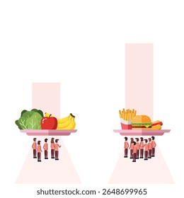 comparação de interesse entre alimentos saudáveis e alimentos não saudáveis. as pessoas preferem comer alimentos não saudáveis. legumes com frutas e junk food.