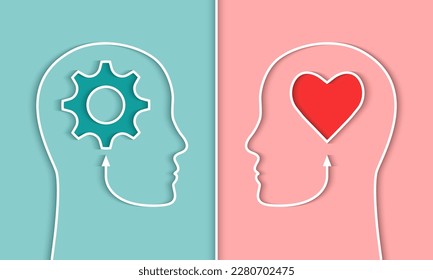 Comparison of IQ and EQ or right and left brain, cerebral hemispheres concept. Head silhouette of a person, gear and heart shape symbol. Emotional versus intelligence quotient, human mind, thinking.