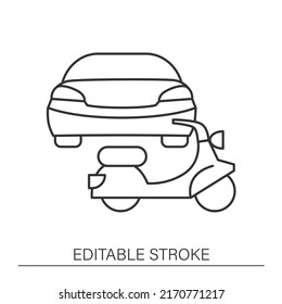  Comparison Line Icon. Car Parking Near The Scooter. Driving Car Concept. Isolated Vector Illustration. Editable Stroke