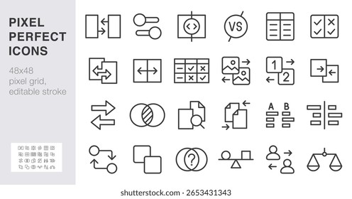 Conjunto de ícones da linha de comparação. Comparação lado a lado, controle deslizante, teste A B, mesclagem de arquivos ilustrações vetoriais mínimas. Sinais de esboço simples para análise de contraste da interface do usuário. 48x48 pixels perfeito. Traço editável.