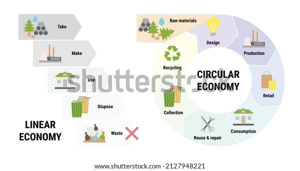 Comparison of linear and circular economy infographic.\
Sustainable business model. Scheme of product life cycle from raw\
material to production, consumption, recycling instead of waste.\
Flat vector 