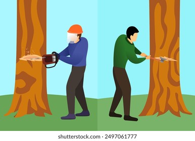 comparison lumberjacks cut down trees in traditional and modern ways, chainsaw workers cutting the tree, cutting the tree with axe