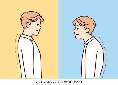 Comparison of man with good and bad back posture. Male suffer from scolisosis from sedentary work. Vector illustration. 