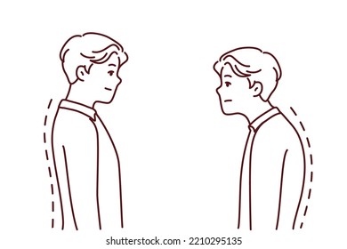 Comparison of man with good and bad back posture. Male suffer from scolisosis from sedentary work. Vector illustration. 